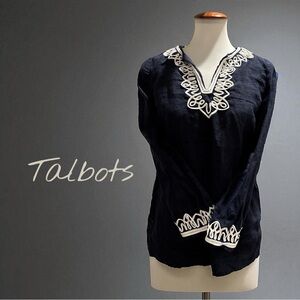 TALBOTS Women's Navy Blue Embroidered 100% Linen Tunic Top Shirt Size XS